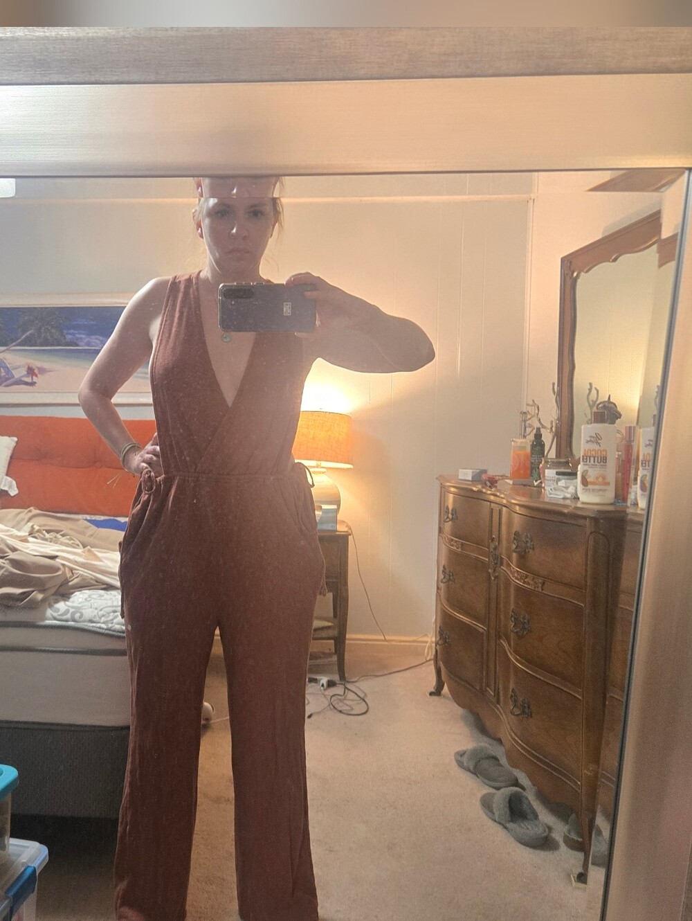 Free People Rust Wide-Leg Jumpsuit with Ties On Sides Of Waist
